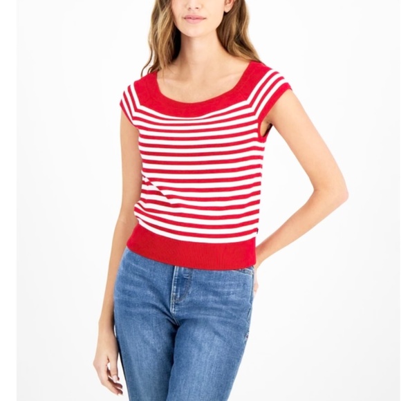 Tommy Hilfiger Striped Cap-Sleeve Sweater Womens Size L Red/White - Picture 1 of 7